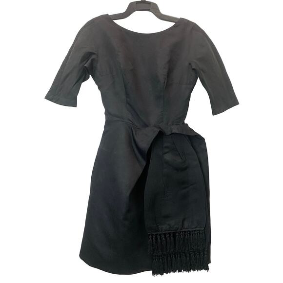 60s Black Cocktail Dress | Mid Century MOD Sash Fringe Accent  XS - Picture 7 of 9